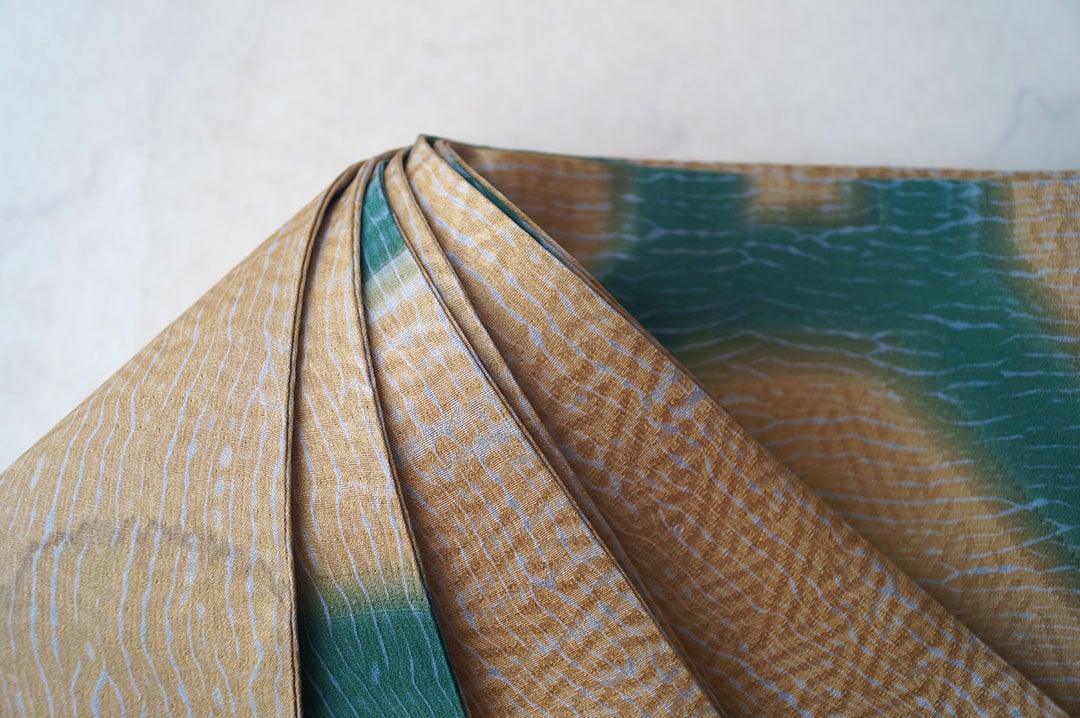 【半幅帯】江戸茶色×高麗納戸　縫い絞りに亀甲文　仕立ておろし半幅帯
