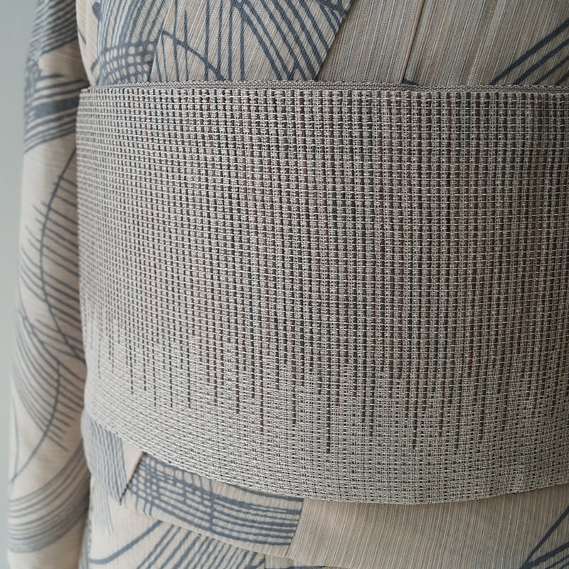 半幅帯】カーキベージュ系 横段縞柄 麻半幅帯 No.240821㉘