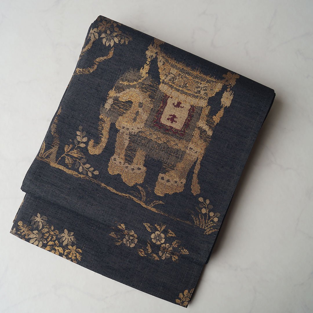 ふくろ帯】墨黒地 焼箔紬 象文 ふくろ帯 | 大山キモノ・ちぇらうなぼるた 