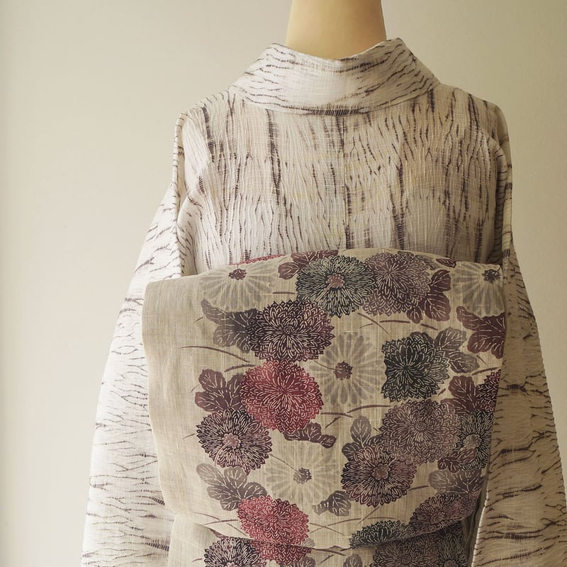 京都 多ち花 夏帯 麻系 九寸名古屋帯 サンドアイボリー 美品 多ち花 染名古屋帯 (大花更紗/麻）[夏・単衣向]多ち花『着物