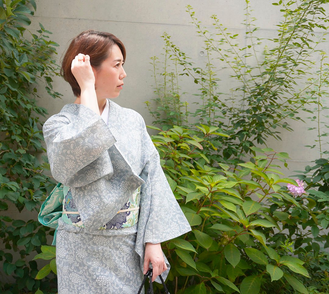 〇505mk57〇そめの近江 絹紅梅 夏着物 浴衣 型染め 花唐草 竹〇美品