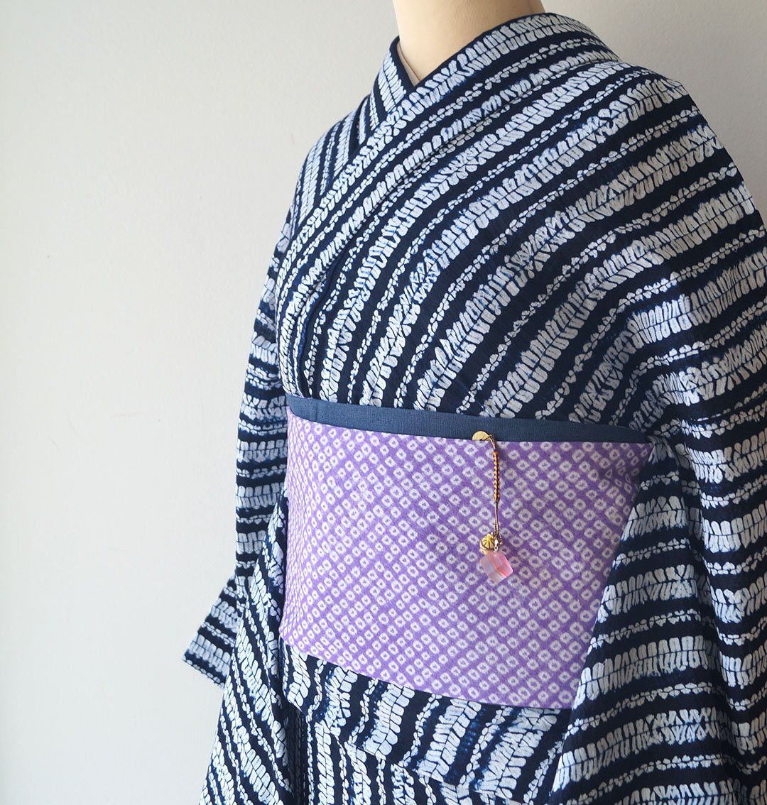 美品【半幅帯】★ 浅葱✕生成り　鹿の子絞り　リバーシブル　綿麻　浴衣帯　ゆかた帯 美品【半幅帯】☆ 浅葱✕生成り 鹿の子絞り リバーシブル 綿麻