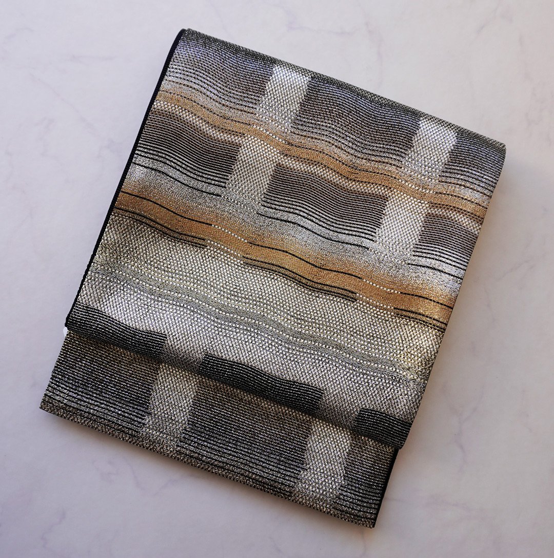 ふくろ帯】金銀黒 変わり格子 ふくろ帯 | 大山キモノ・ちぇらうなぼるた 