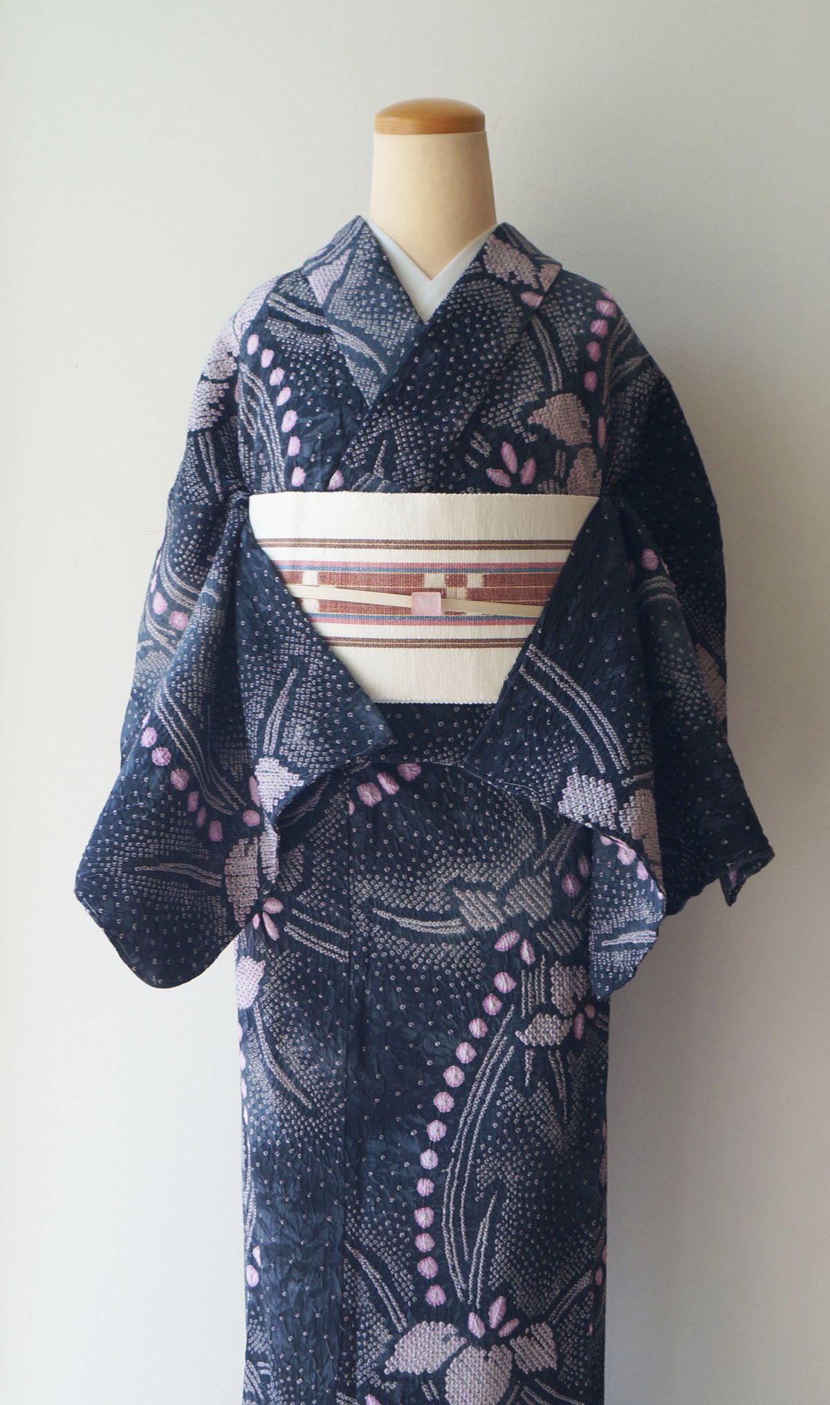 竺仙 本場琉球 琉球かすり 手織 半幅帯 未仕立て品 綿 桑茶系 Q784 新品琉球かすり半巾帯(竺仙)