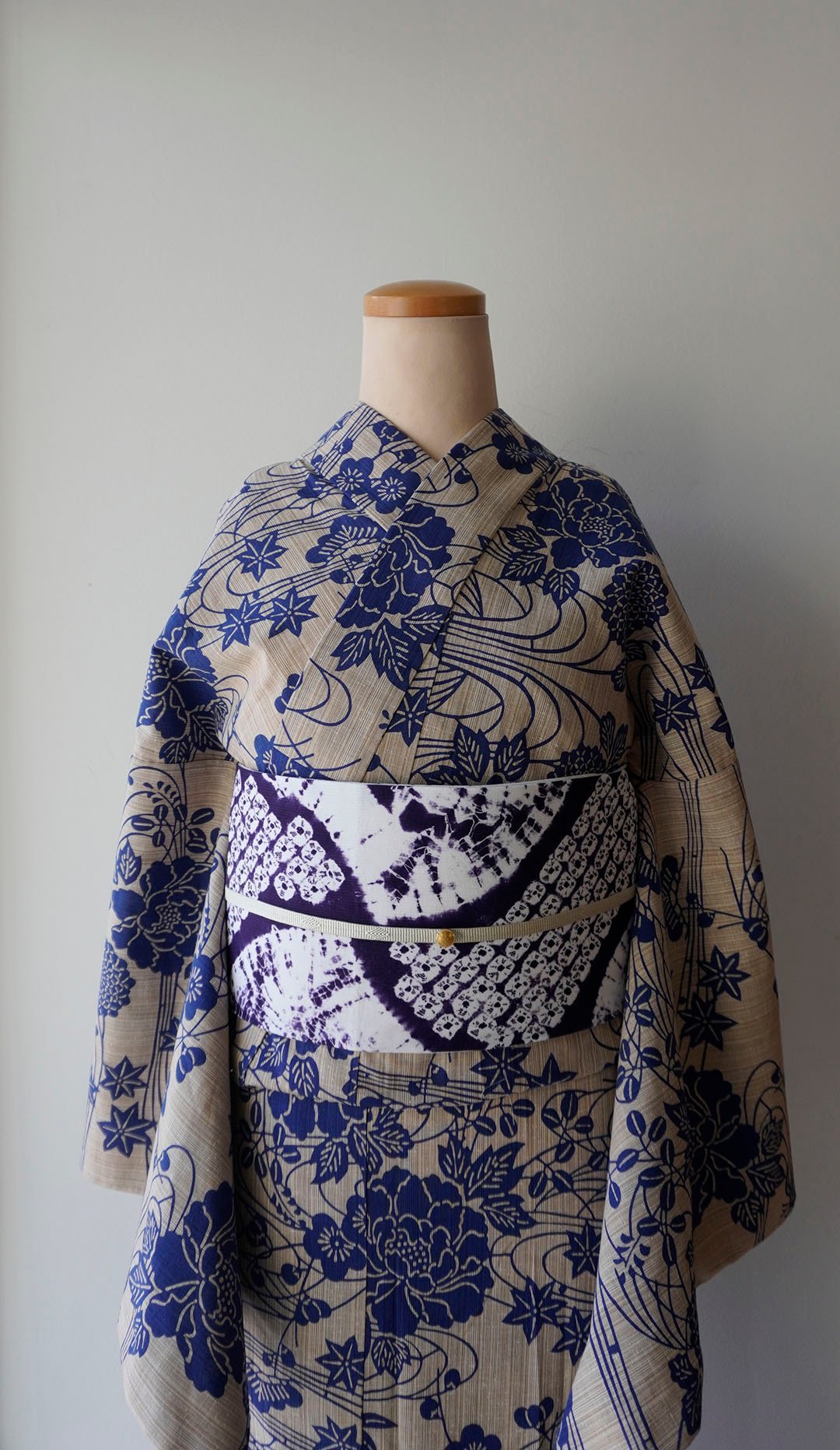 長さ408センチ　植物染草木染め半幅帯　麻 麻の帯・植物文 | 型染 ツバメ堂