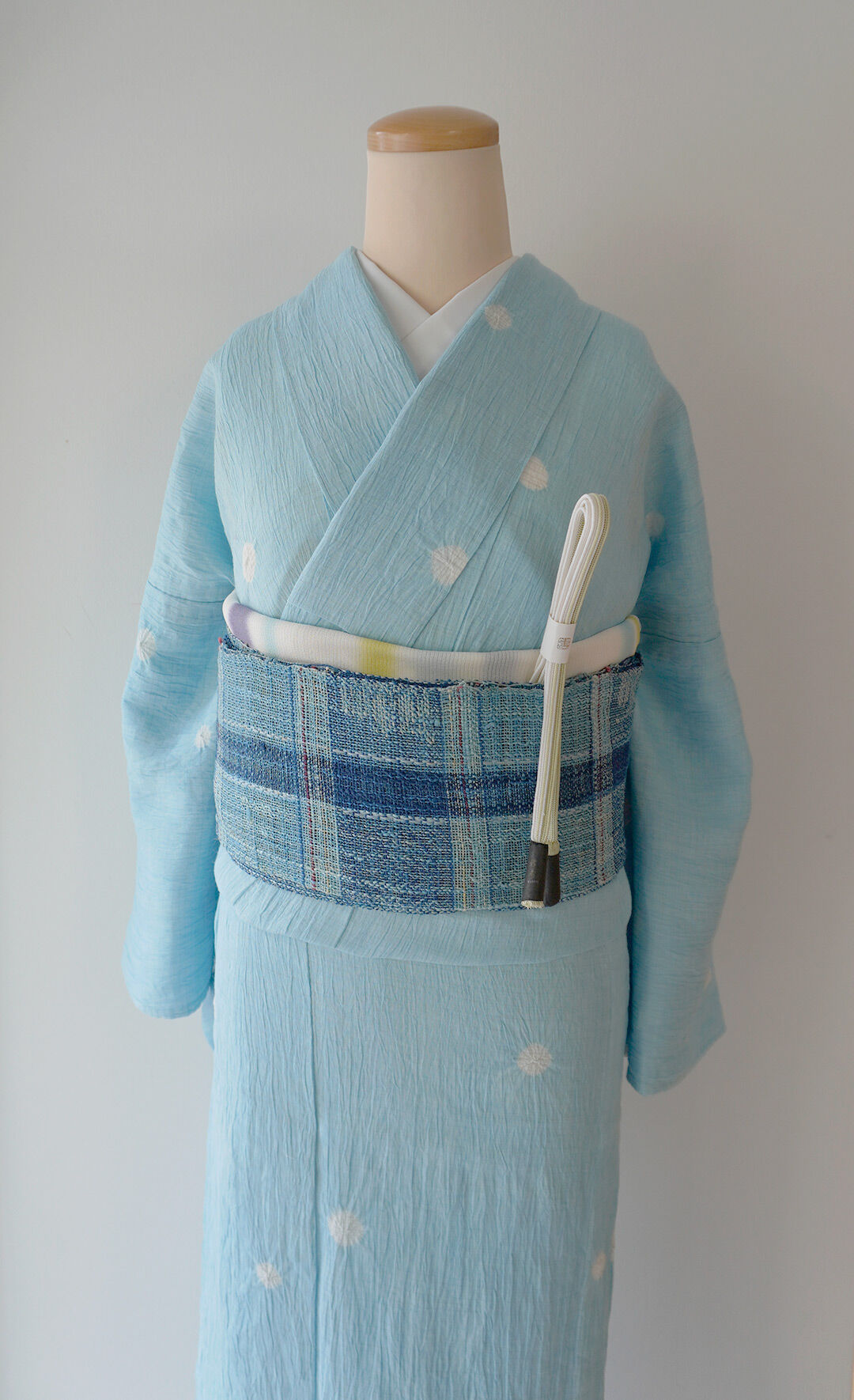 近江上布 白×藍 麻着物 上布 着物 夏着物 綿麻 琵琶