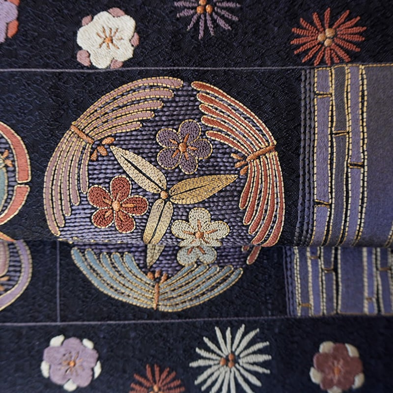 50%OFFClub藤☆袋帯 刺繍 海岸松に茶屋之図刺繍黒地銀通し織地