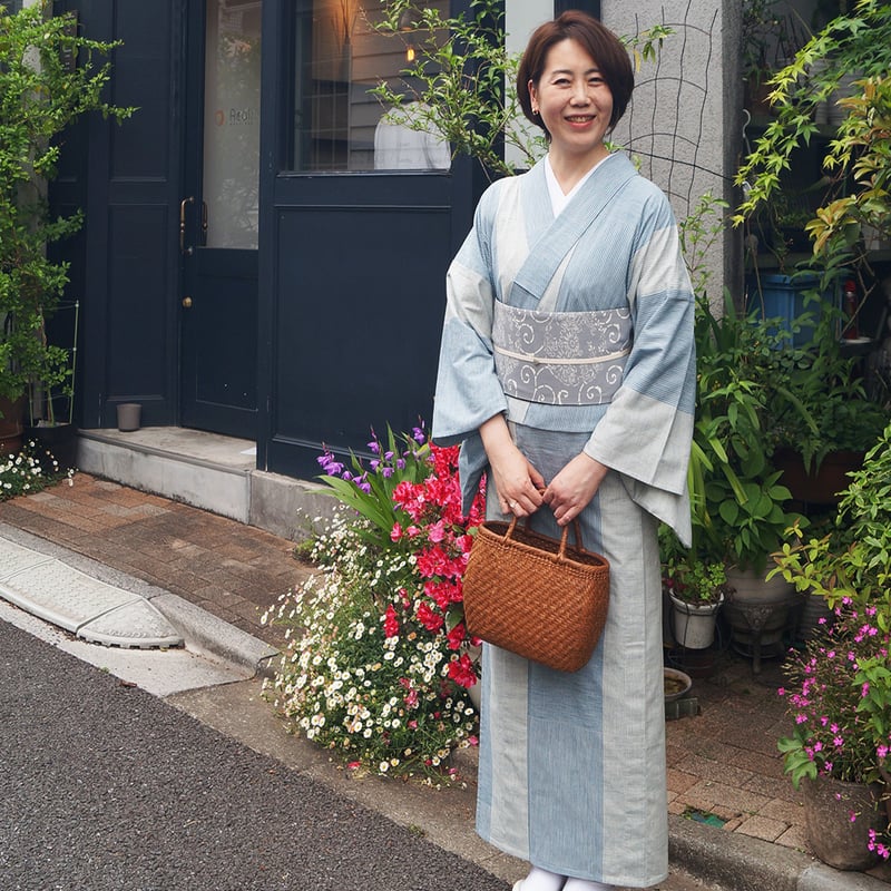 紺仁　草木染め　木綿着物 単衣】紺仁工房 草木染綿紬 片貝木綿 カーキ色系大きな格子柄