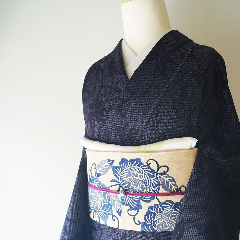 名古屋帯 紬 型染め 鳳凰 桐の花 牡丹 楓 カラフル 着物 帯 023k