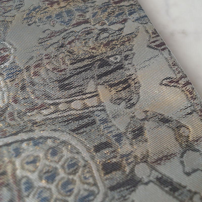 川島織物 プラチナ糸 狩獅子文錦 水色 金 六通 正絹 フォーマルな袋帯 30