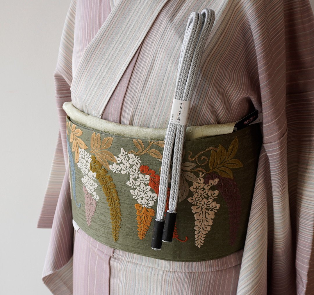 和小物さくら・帯揚げ】水色×若菜色 格子地紋二色暈し A240325③  