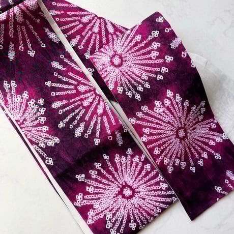 【半幅帯】中紅×葡萄色　花文　手絞り半幅帯　No.240821⑩