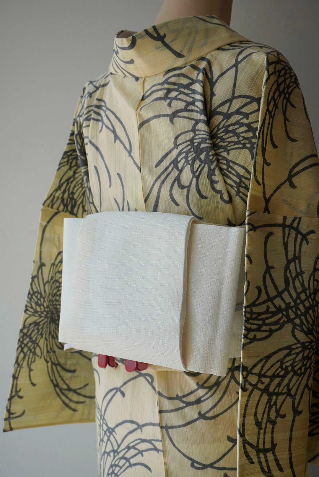 半幅帯 美術サロン 紗 半幅帯 細帯 市松七宝 絹鼠 日本製 ライトグレー