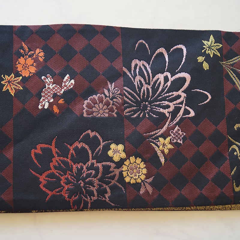 B移転セール。No.076袋帯リバーシブル（黒黄・市松/えんじ黒・籠目）