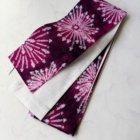 【半幅帯】中紅×葡萄色　花文　手絞り半幅帯　No.240821⑩