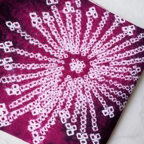 【半幅帯】中紅×葡萄色　花文　手絞り半幅帯　No.240821⑩