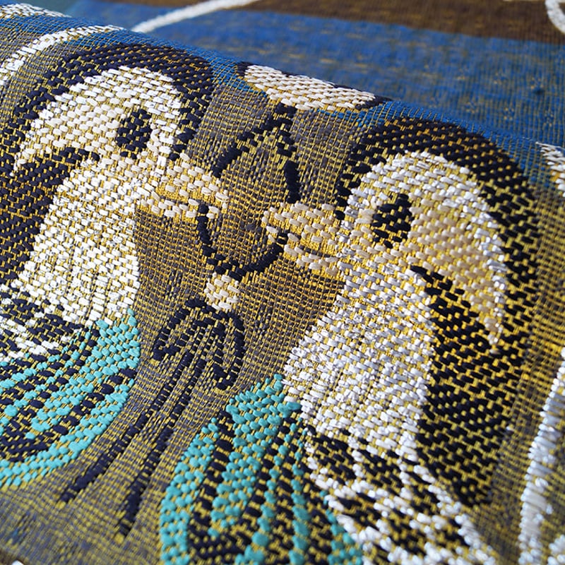 新品　正絹　紬地お洒落袋帯　個性派　キリム風　鳥さんと木々　緑色 新品 正絹 紬地お洒落袋帯 個性派 キリム風 鳥さんと木々 緑色 新品