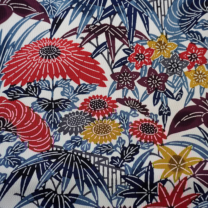 【名古屋帯】縮緬 型染め 野菜 魚模様 蕪　南瓜　茄子　蓮根　カジュアル なごや帯】籬や花々 型染め縮緬なごや帯 | 大山キモノ・ちぇら