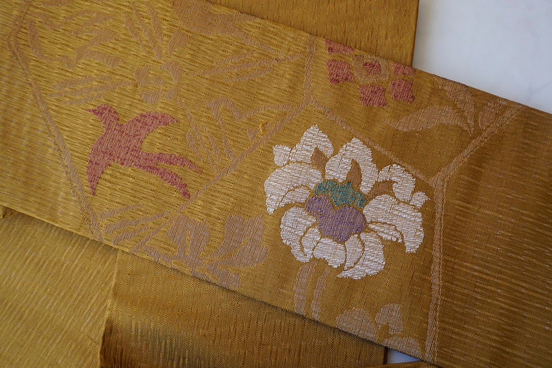 なごや帯】山吹茶 透かし織り花唐草文なごや帯 | 大山キモノ・ちぇら  