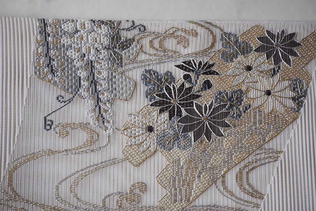 創作帯】自然布 ヤモリ刺繍の付け帯 （袋帯 ゴールドxグレー 刺繍入り 