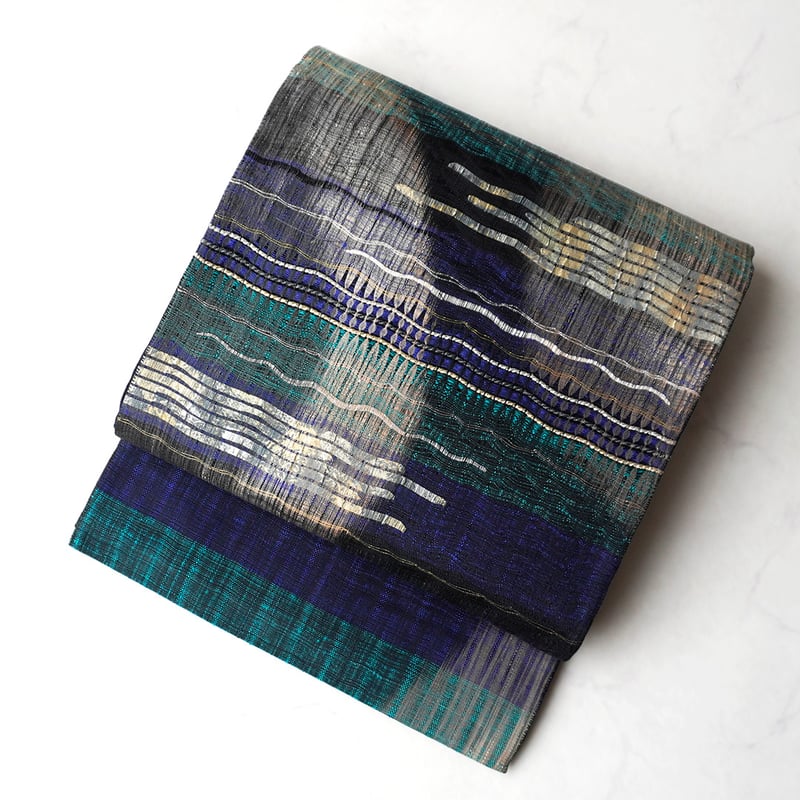 袋帯 青緑 金 抽象模様