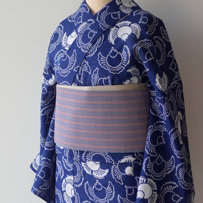 竺仙】新品 『竺仙』 綿絽 浴衣 反物 笹の葉 ふくら雀 紺 木綿