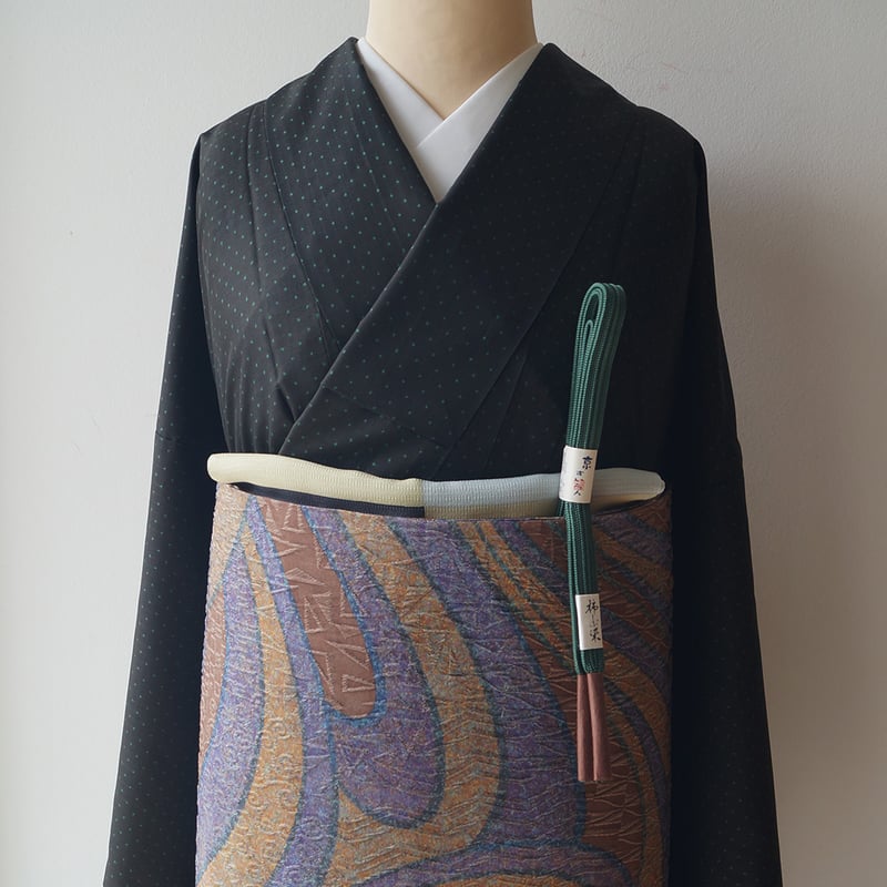 袷】黒色×青緑色 ドット絣文 大島紬 ゆとりサイズ | 大山キモノ・ちぇ  