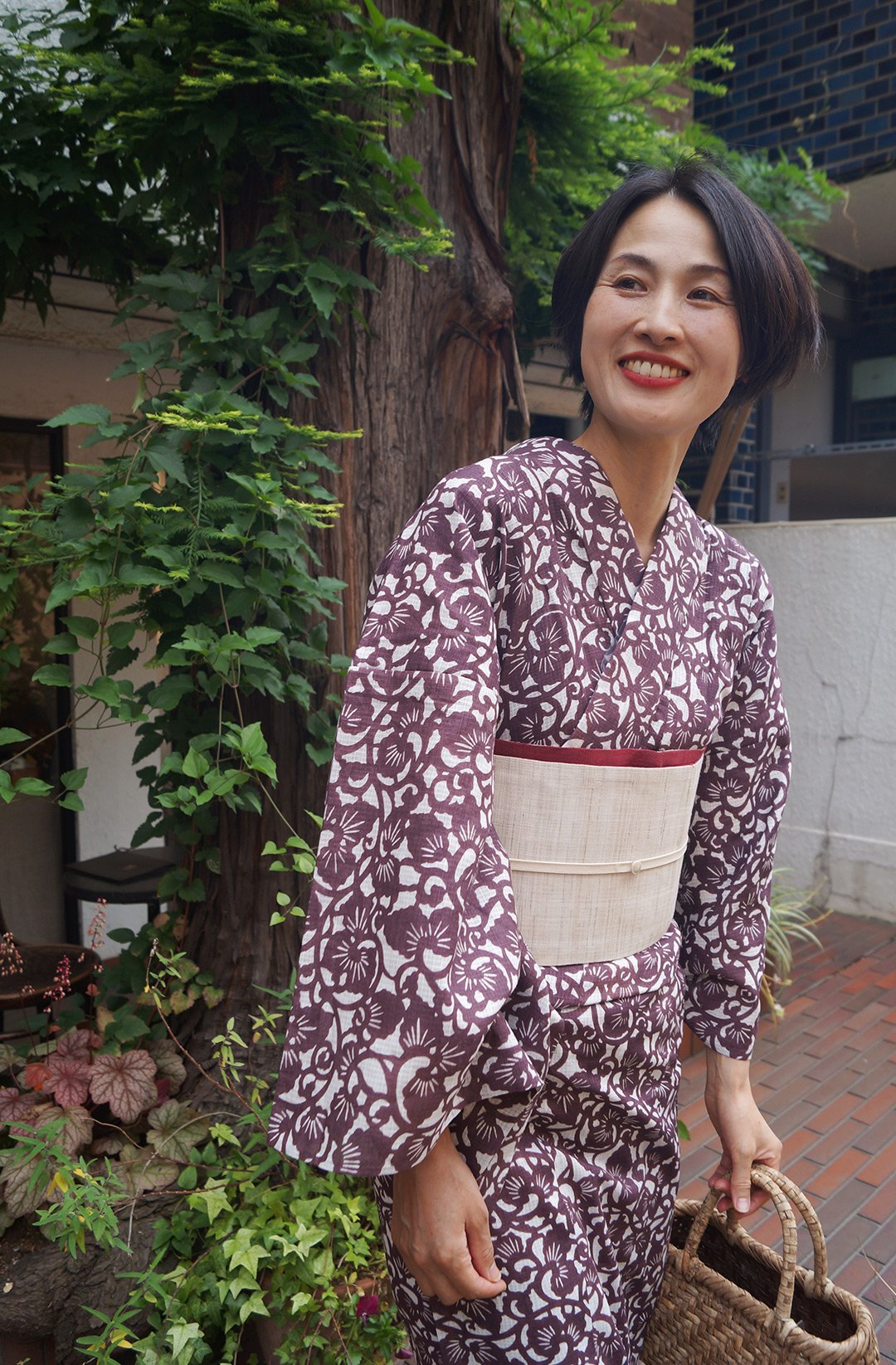 超美品　綿　綿紅梅　本染浴衣　浴衣 着物　夏物　現代　165　トール　カーキ 超美品綿綿紅梅本染浴衣浴衣 着物夏物現代165トールカーキ