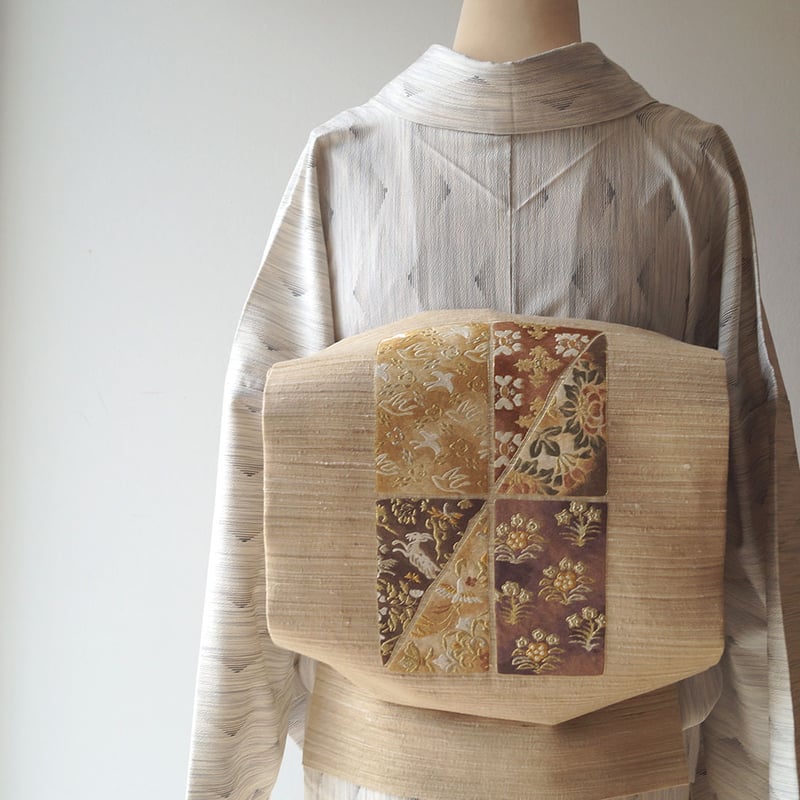 野蚕糸 ムガシルク 袋帯 全通柄 横段 未使用 イ5942 野蚕糸 ムガシルク 袋帯 全通柄 横段 未使用 イ5942