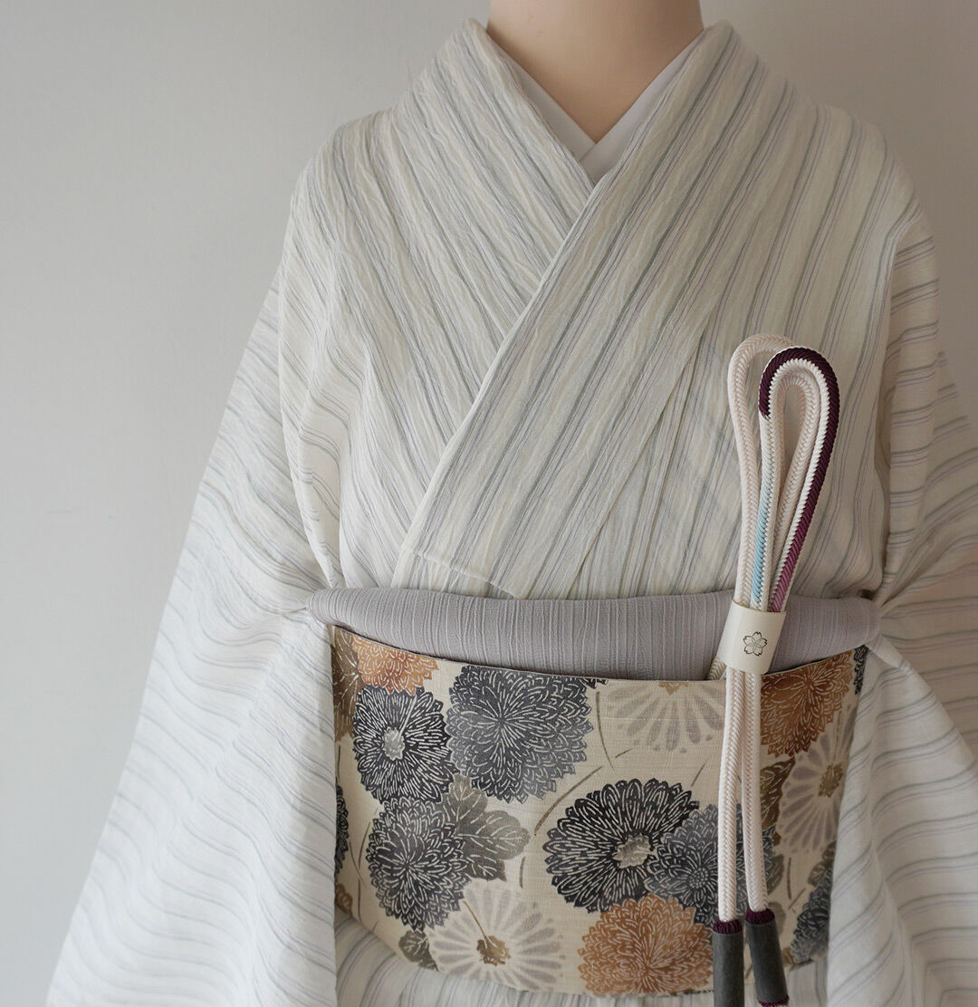 夏・男性用、小千谷縮、白地・子持ち縞、居敷き当、証紙付、麻 H71 
