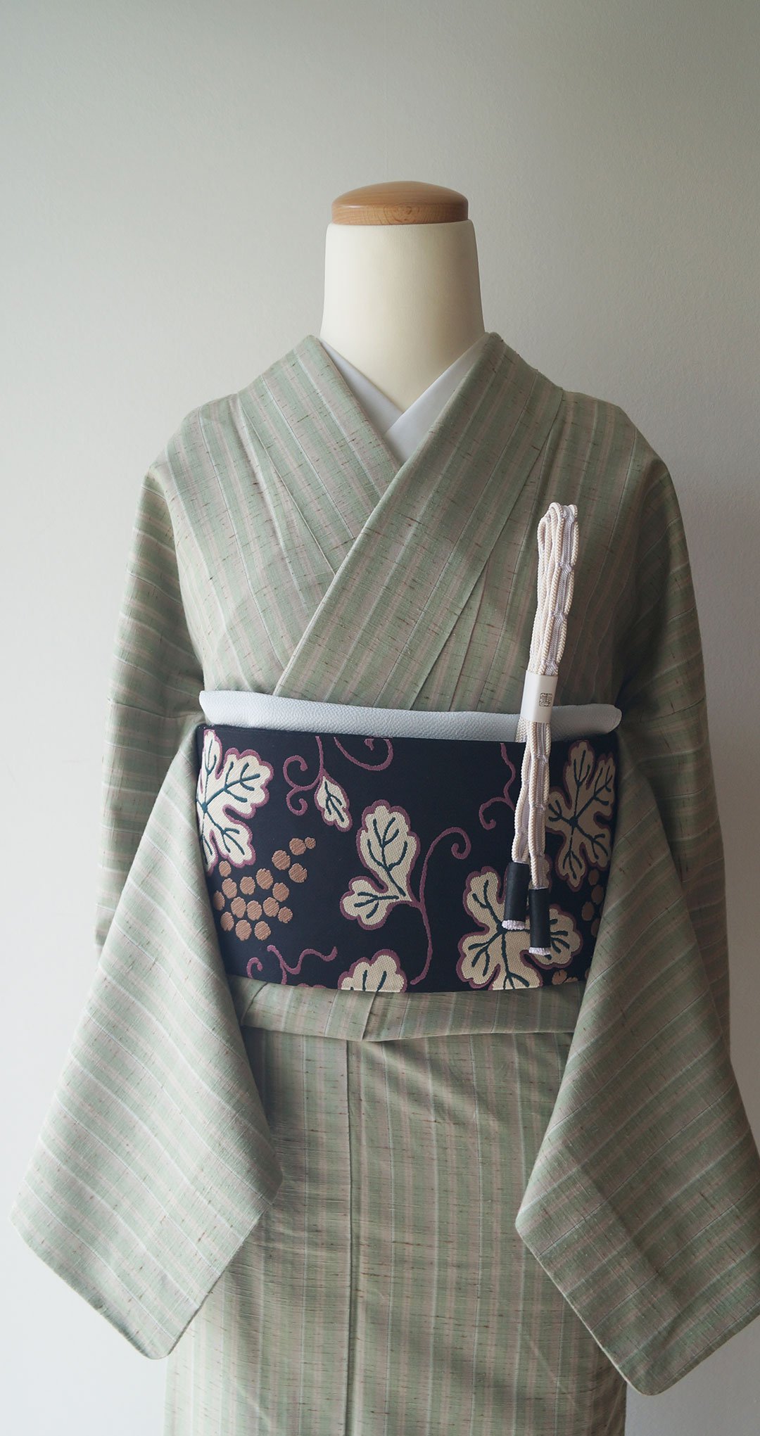 単衣】老竹色×洗い柿 縦縞紋 ぜんまい紬 証紙付き | 大山キモノ