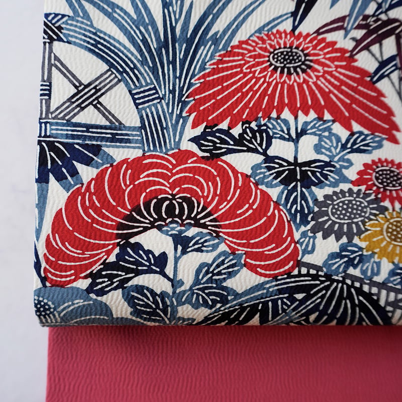MO-3212 名古屋帯 藍染 花模様 型染 縮緬 藍色 水色 MO-3212 名古屋帯 藍染 花模様 型染 縮緬 藍色 水色