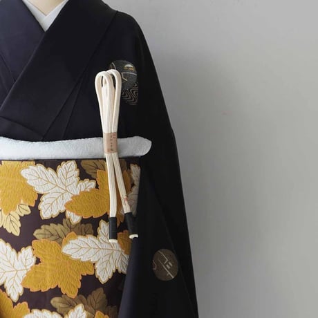 【ふくろ帯】河合美術織物製　手織り金箔　抽象葉文様　ふくろ帯