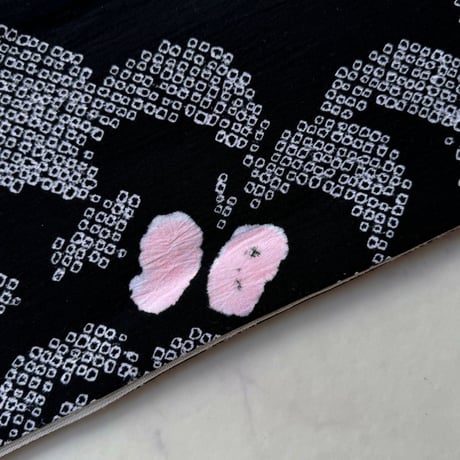 【半幅帯】黒色×白色　抽象文　手絞り半幅帯　240821⑯