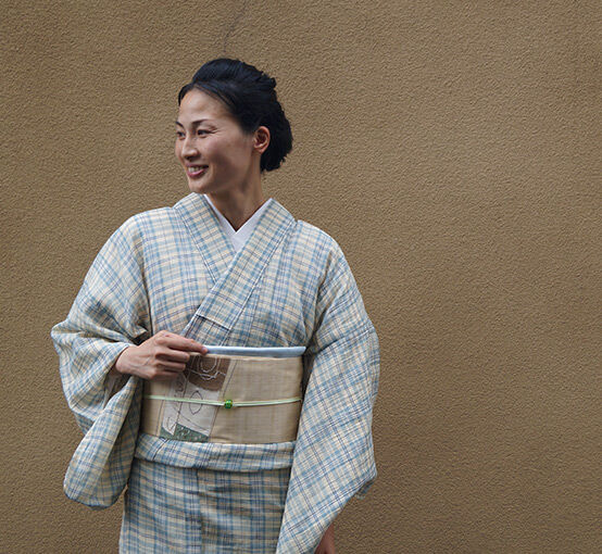 夏・麻】トール＆ゆとりサイズ 淡い豆がら茶色系 格子柄 小千谷縮