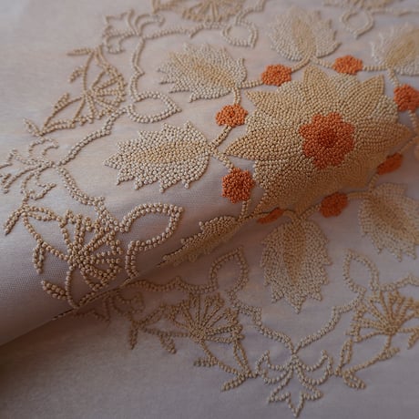【ふくろ帯】シャンパンゴールド地　相良刺繍抽象花文　ふくろ帯