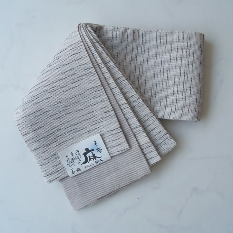 半幅帯　変わり織　民藝 半幅帯】砂色地 変わり縞文 リバーシブル麻半幅帯 250130⑥