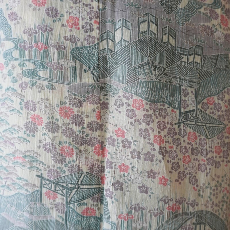小千谷縮　本麻　夏着物　生成りに赤　花 色づく赤い葉＊夏きもの 小千谷縮 洗える 本麻 葉 A730 | kimono