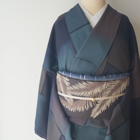 【半幅帯】リバーシブル半幅帯　リーフ文様×鱗柄と切り嵌め