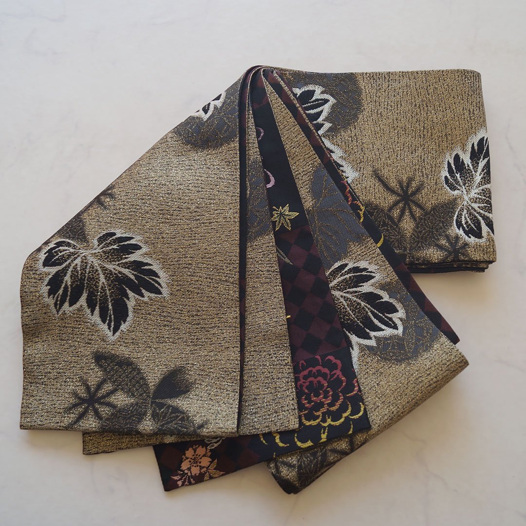 B移転セール。No.076　袋帯　リバーシブル（黒黄・市松/えんじ黒・籠目） B移転セール。No.076 袋帯 リバーシブル（黒黄・市松/えんじ黒