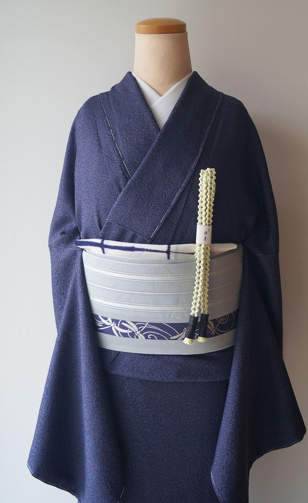 単衣】トールサイズ 中條康隆作 黒色×茄子紺色 鮫文 江戸小紋