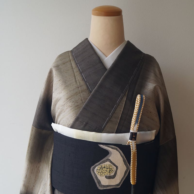 袷】仙斎茶×黄海松茶色 縦暈し ぜんまい紬 | 大山キモノ・ちぇらうなぼるた