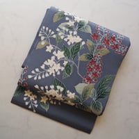 【なごや帯】フォグブルー系　春花モチーフ　縮緬なごや帯