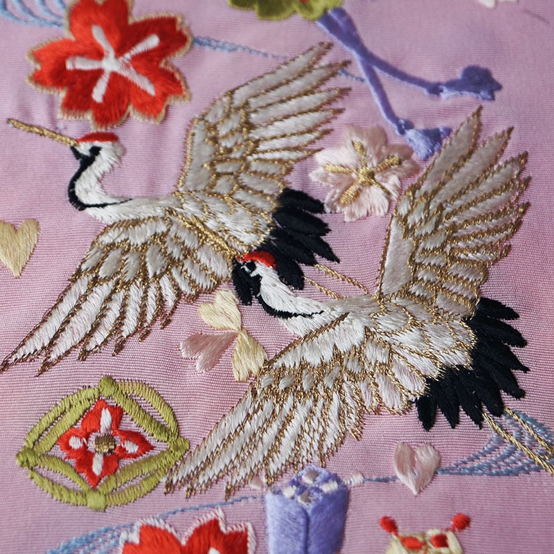 半衿】ピンク地 鶴に桜文 刺繍半衿 №220309Ⓓ | 大山キモノ・ち