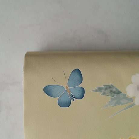 【なごや帯】 若芽色　抽象花に蝶々文　塩瀬なごや帯