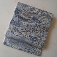 【ふくろ帯】19代目藍師・佐藤昭人作　阿波藍染　薄青灰地 紹巴　茶屋辻文　六通ふくろ帯