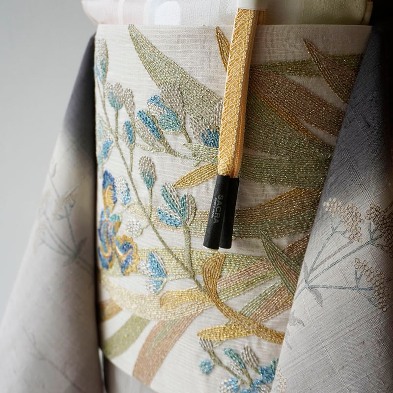 夏ふくろ帯】白地 菖蒲と萩文刺繍 夏ふくろ帯 ますいわ屋扱い