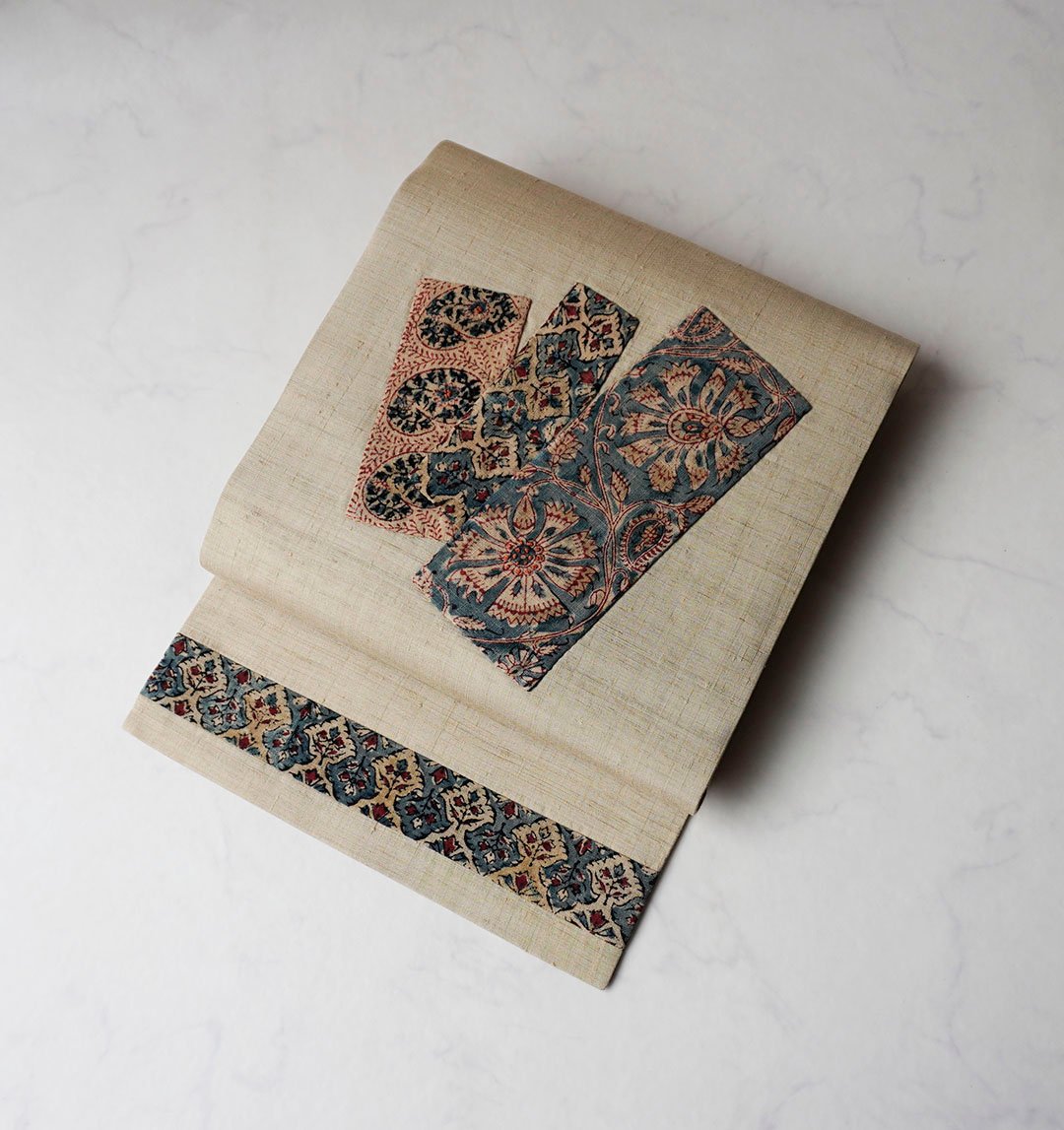 なごや帯】白橡色地 インド更紗 扇状文 創作 仕立て下ろし なごや帯  