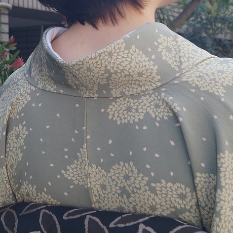 【袷】青白橡色　桜吹雪文様　小紋