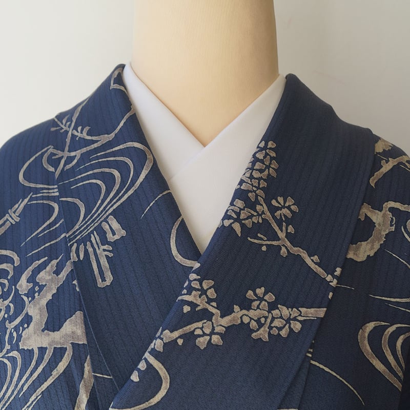 小紋(袷) (流水に四季の草花紋様 未使用 藍色系 ちりめん) （袷】留 